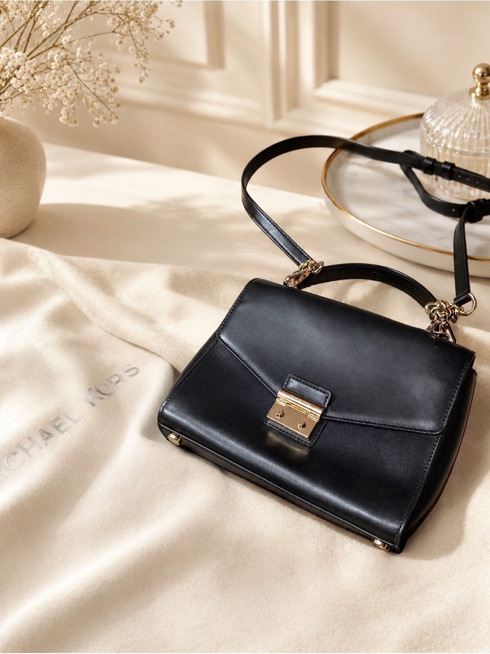 Michael Kors Black Leather Crossbody with Gold-Tone Hardware
